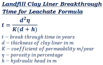 formula to calculate the breakthrough time for leachate to penetrate a clay liner