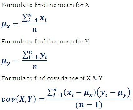 covariance formula to find the linear dependency between two data sets