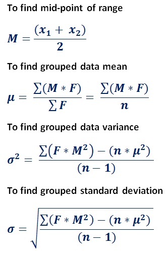 formula to find mean, standard deviation & variance for frequency distribution table data