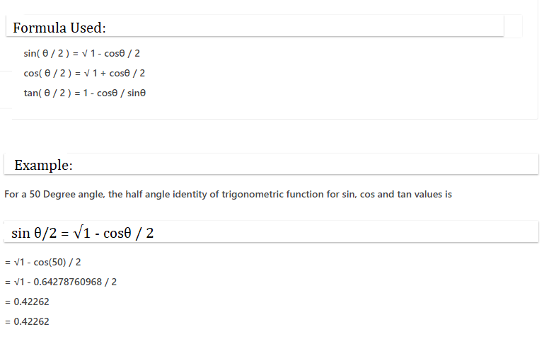 half angle formula calculator fractions