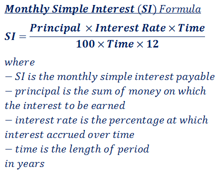 formula to calculate monthly simple interest (SI) payable