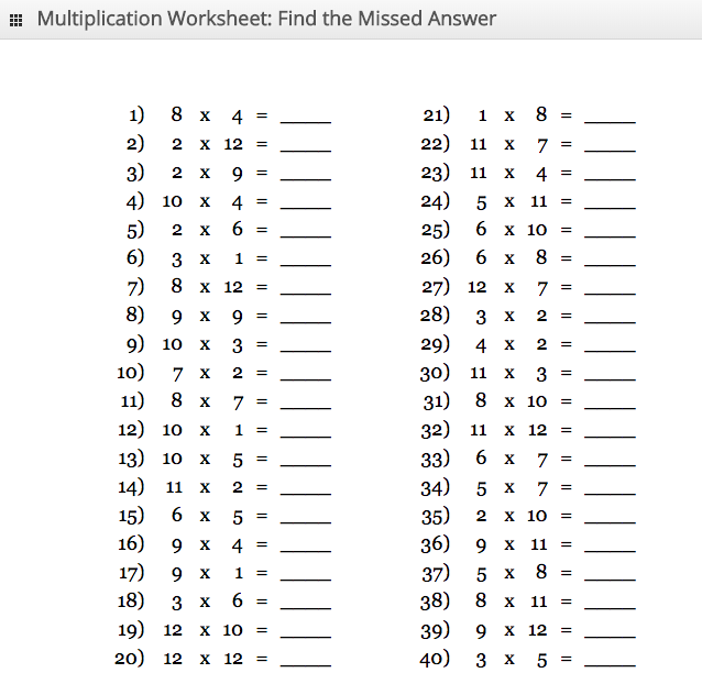 Multiplication Worksheet - Answer Missing