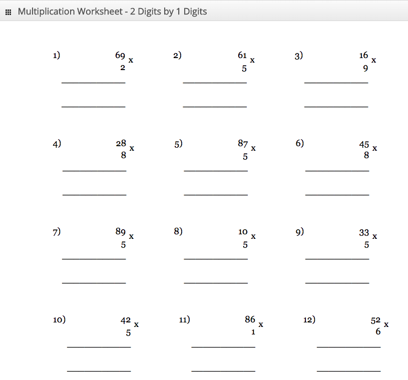 Multiplication Worksheet 2 digit by 1 digit