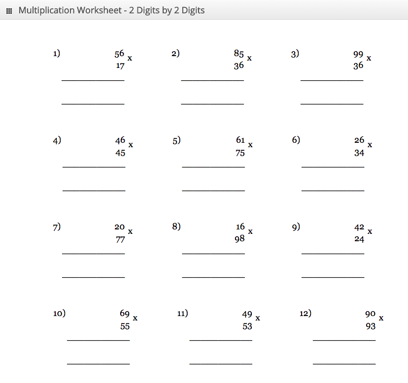 Multiplication Worksheet 2 digit by 2 digit