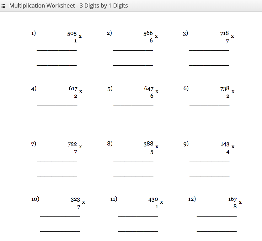 Multiplication Worksheet 3 digit by 1 digit
