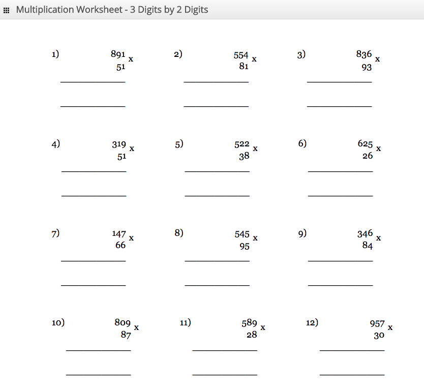 Multiplication Worksheet 3 digit by 2 digit
