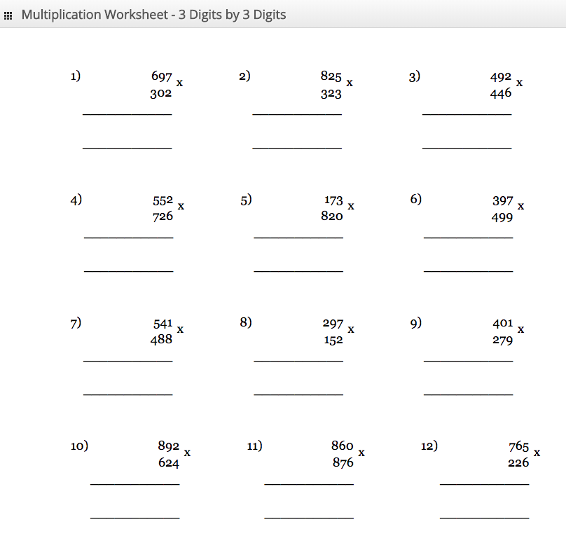 Multiplication Worksheet 3 digit by 3 digit