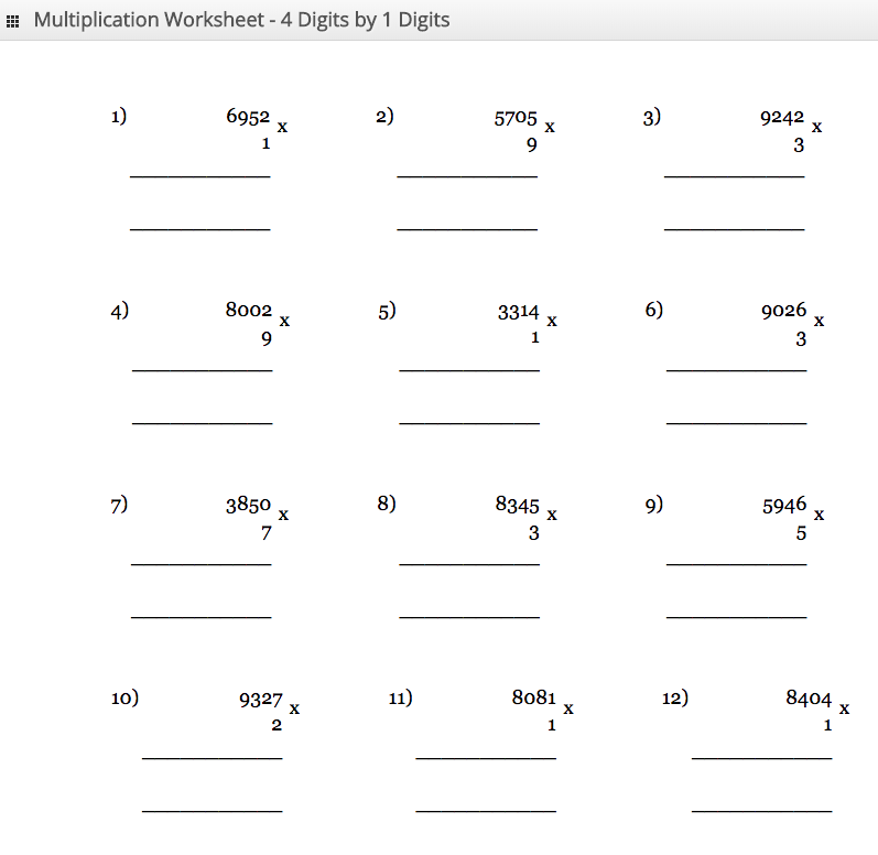 Multiplication Worksheet 4 digit by 1 digit