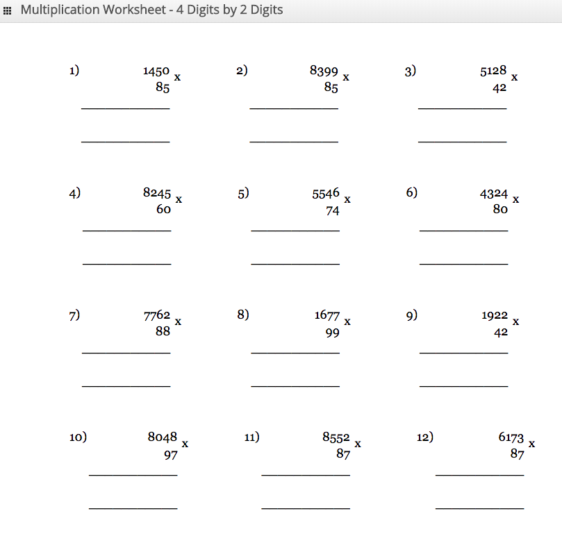 Multiplication Worksheet 4 digit by 2 digit