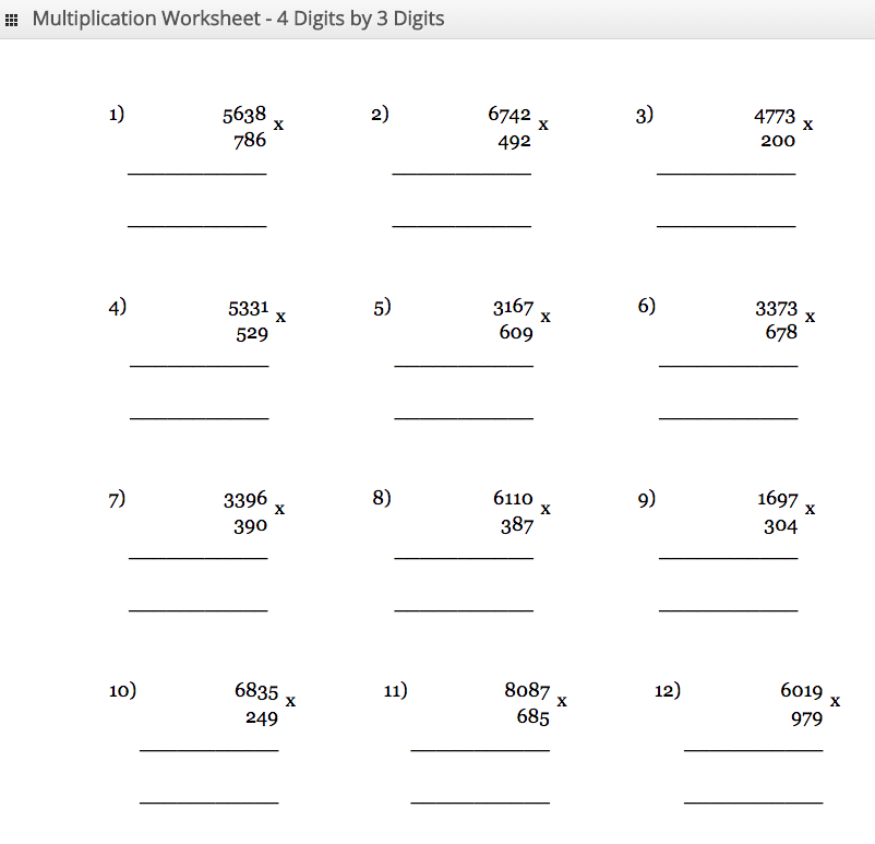 Multiplication Worksheet 4 digit by 3 digit