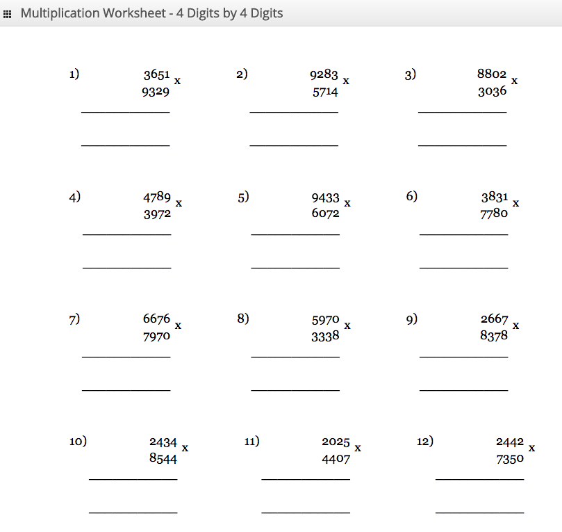 Multiplication Worksheet 4 digit by 4 digit