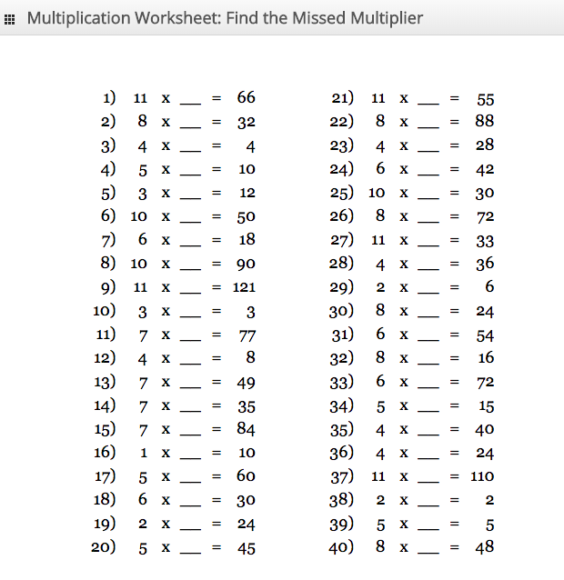 Multiplier Missing - Multiplication worksheet
